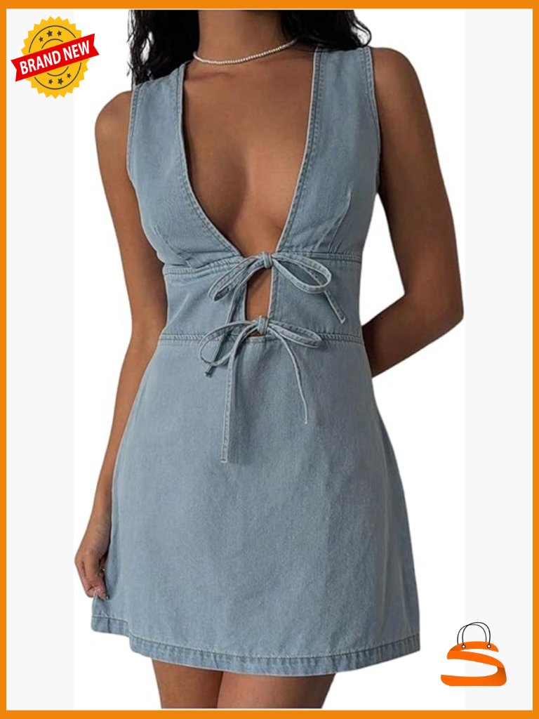 Denim Mini Dress Deep V Neck Tie Front Sleeveless A Line Summer Dress
